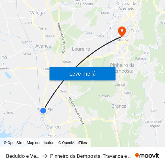 Beduído e Veiros to Pinheiro da Bemposta, Travanca e Palmaz map