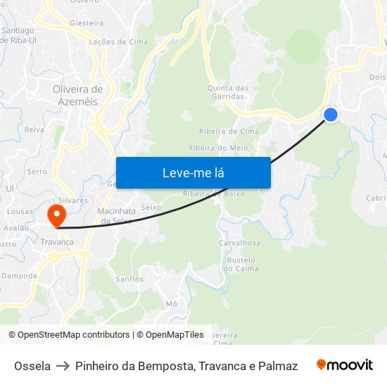 Ossela to Pinheiro da Bemposta, Travanca e Palmaz map