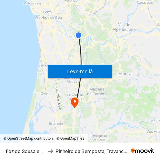 Foz do Sousa e Covelo to Pinheiro da Bemposta, Travanca e Palmaz map