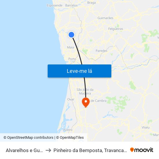 Alvarelhos e Guidões to Pinheiro da Bemposta, Travanca e Palmaz map