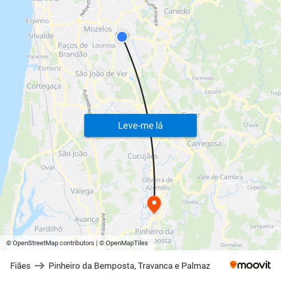 Fiães to Pinheiro da Bemposta, Travanca e Palmaz map