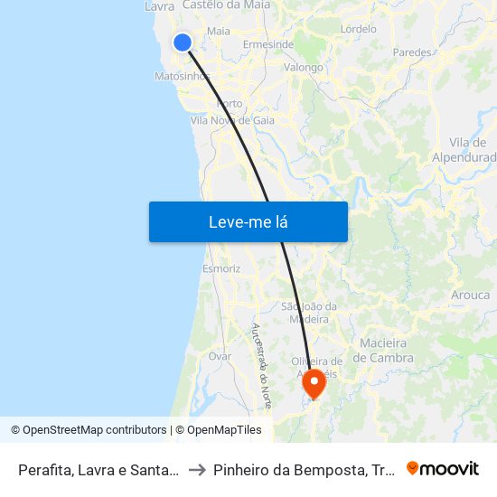 Perafita, Lavra e Santa Cruz do Bispo to Pinheiro da Bemposta, Travanca e Palmaz map