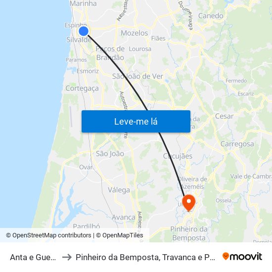 Anta e Guetim to Pinheiro da Bemposta, Travanca e Palmaz map