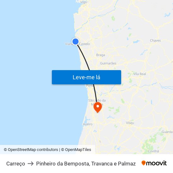 Carreço to Pinheiro da Bemposta, Travanca e Palmaz map