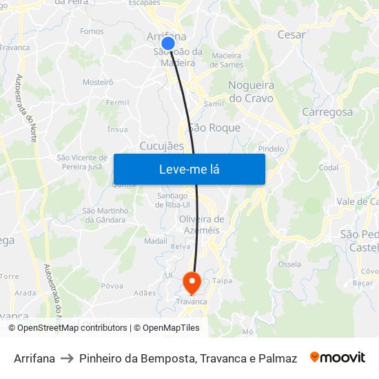 Arrifana to Pinheiro da Bemposta, Travanca e Palmaz map