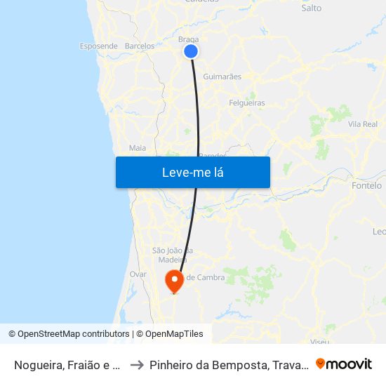Nogueira, Fraião e Lamaçães to Pinheiro da Bemposta, Travanca e Palmaz map