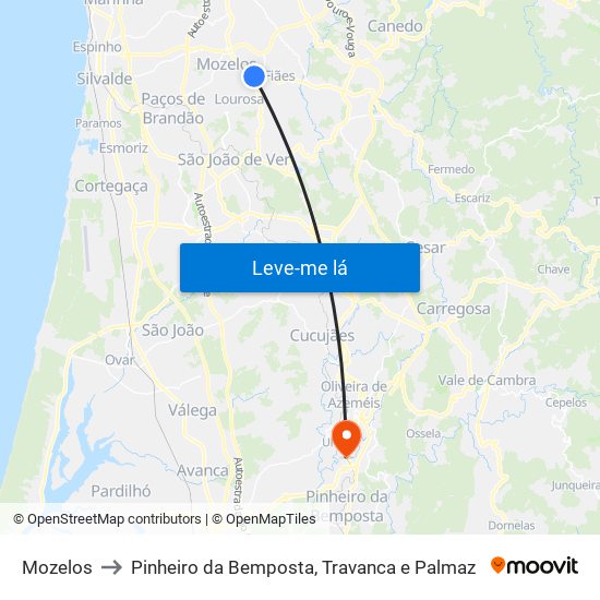 Mozelos to Pinheiro da Bemposta, Travanca e Palmaz map