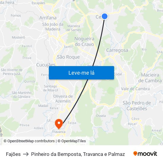 Fajões to Pinheiro da Bemposta, Travanca e Palmaz map
