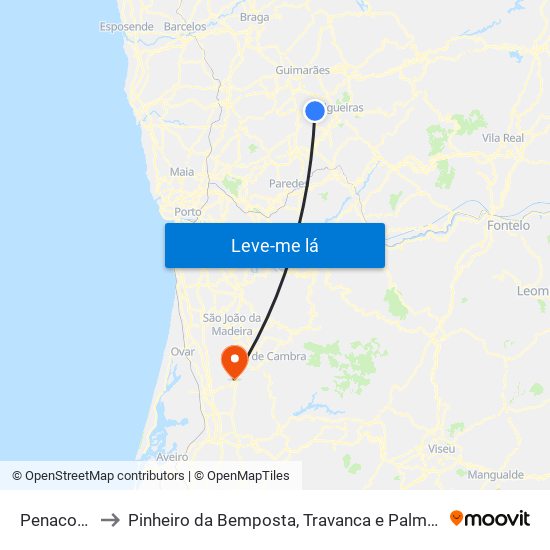 Penacova to Pinheiro da Bemposta, Travanca e Palmaz map