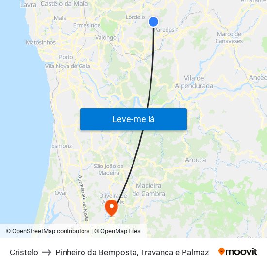 Cristelo to Pinheiro da Bemposta, Travanca e Palmaz map