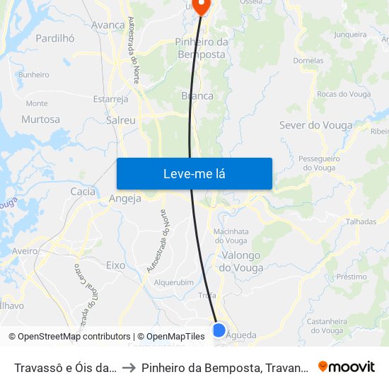 Travassô e Óis da Ribeira to Pinheiro da Bemposta, Travanca e Palmaz map