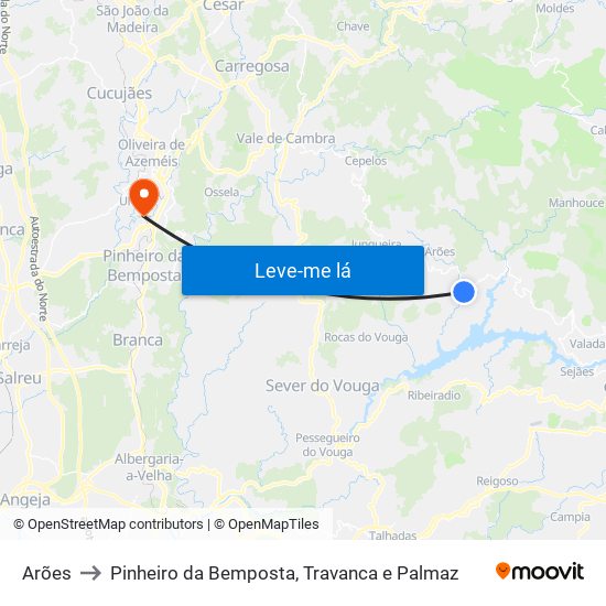 Arões to Pinheiro da Bemposta, Travanca e Palmaz map