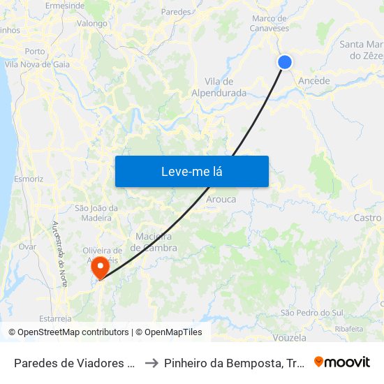 Paredes de Viadores e Manhuncelos to Pinheiro da Bemposta, Travanca e Palmaz map