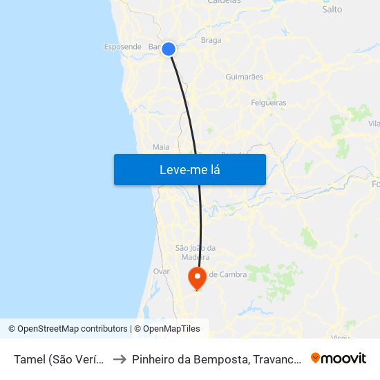 Tamel (São Veríssimo) to Pinheiro da Bemposta, Travanca e Palmaz map