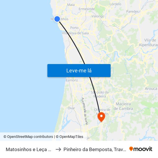 Matosinhos e Leça da Palmeira to Pinheiro da Bemposta, Travanca e Palmaz map