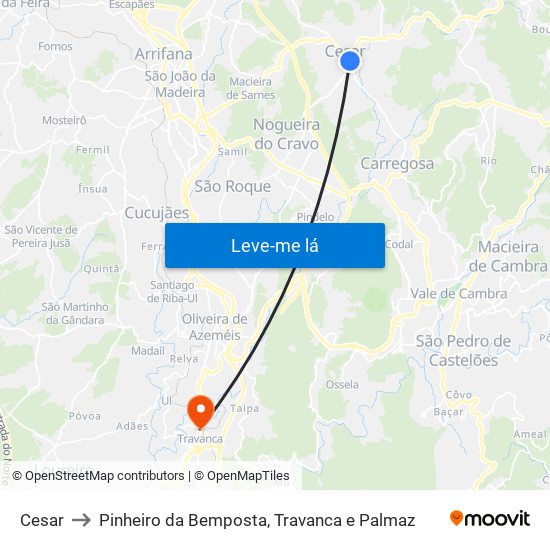 Cesar to Pinheiro da Bemposta, Travanca e Palmaz map