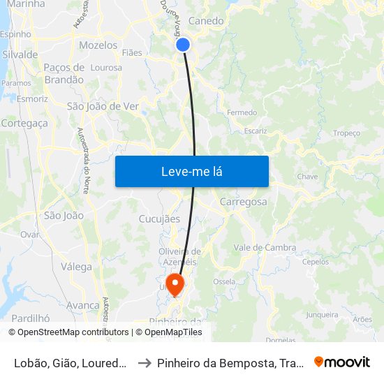 Lobão, Gião, Louredo e Guisande to Pinheiro da Bemposta, Travanca e Palmaz map