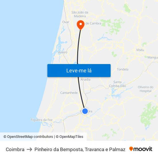 Coimbra to Pinheiro da Bemposta, Travanca e Palmaz map