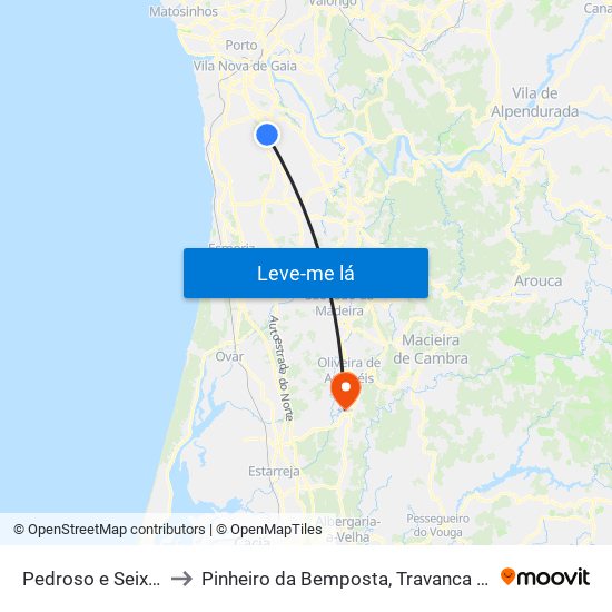 Pedroso e Seixezelo to Pinheiro da Bemposta, Travanca e Palmaz map