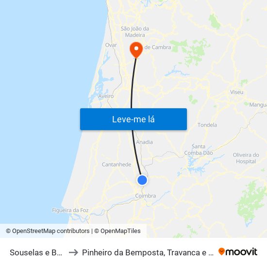 Souselas e Botão to Pinheiro da Bemposta, Travanca e Palmaz map