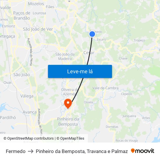 Fermedo to Pinheiro da Bemposta, Travanca e Palmaz map