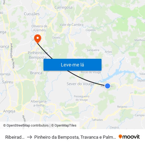 Ribeiradio to Pinheiro da Bemposta, Travanca e Palmaz map