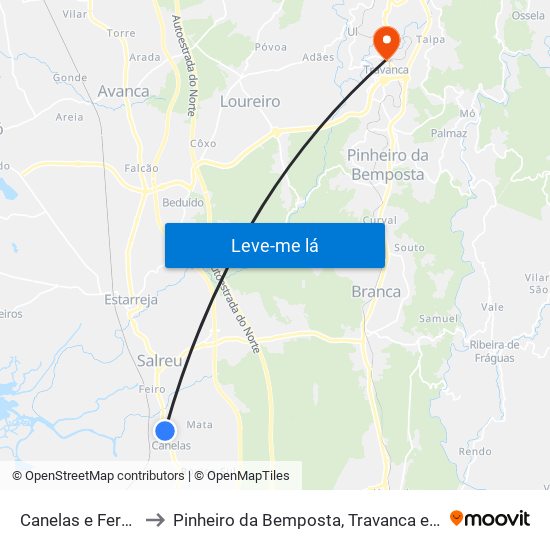 Canelas e Fermelã to Pinheiro da Bemposta, Travanca e Palmaz map