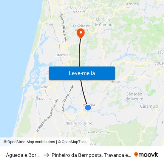 Águeda e Borralha to Pinheiro da Bemposta, Travanca e Palmaz map