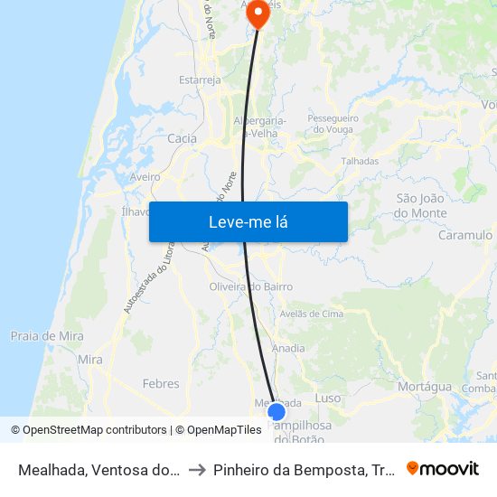 Mealhada, Ventosa do Bairro e Antes to Pinheiro da Bemposta, Travanca e Palmaz map