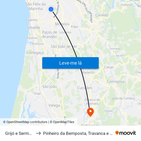 Grijó e Sermonde to Pinheiro da Bemposta, Travanca e Palmaz map