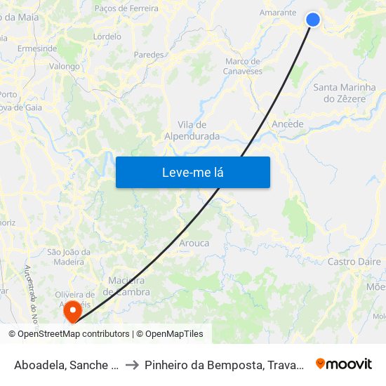 Aboadela, Sanche e Várzea to Pinheiro da Bemposta, Travanca e Palmaz map