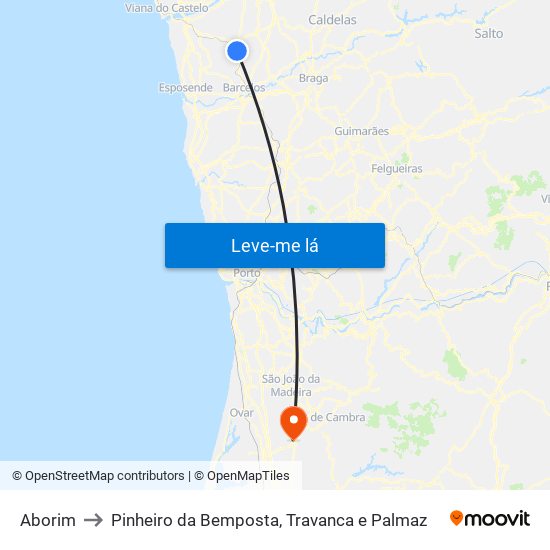 Aborim to Pinheiro da Bemposta, Travanca e Palmaz map