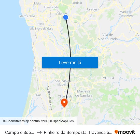 Campo e Sobrado to Pinheiro da Bemposta, Travanca e Palmaz map