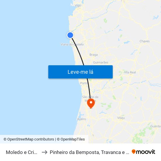 Moledo e Cristelo to Pinheiro da Bemposta, Travanca e Palmaz map