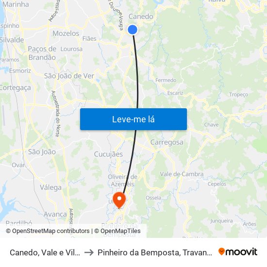 Canedo, Vale e Vila Maior to Pinheiro da Bemposta, Travanca e Palmaz map