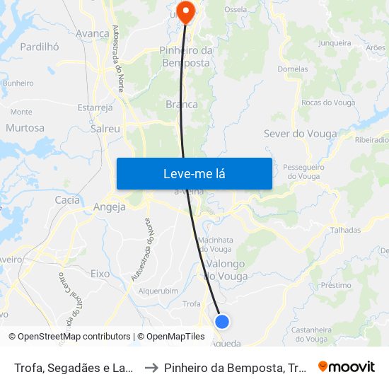 Trofa, Segadães e Lamas do Vouga to Pinheiro da Bemposta, Travanca e Palmaz map