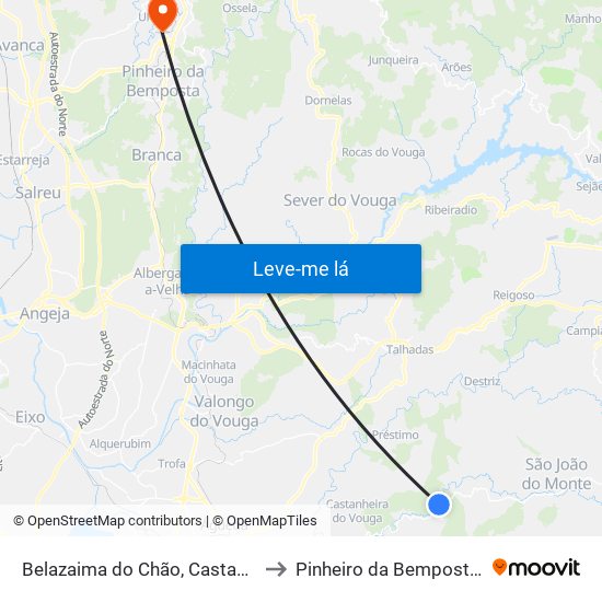 Belazaima do Chão, Castanheira do Vouga e Agadão to Pinheiro da Bemposta, Travanca e Palmaz map