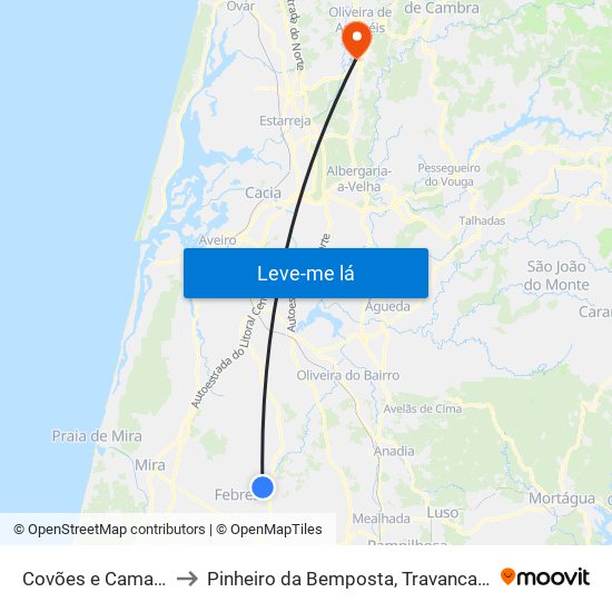 Covões e Camarneira to Pinheiro da Bemposta, Travanca e Palmaz map