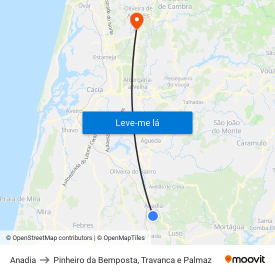 Anadia to Pinheiro da Bemposta, Travanca e Palmaz map