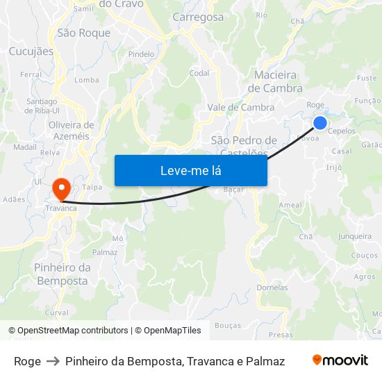 Roge to Pinheiro da Bemposta, Travanca e Palmaz map