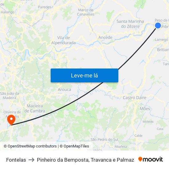 Fontelas to Pinheiro da Bemposta, Travanca e Palmaz map