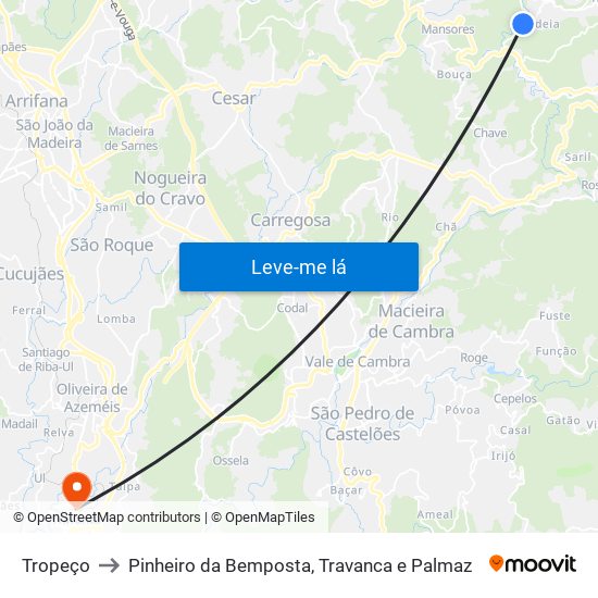 Tropeço to Pinheiro da Bemposta, Travanca e Palmaz map