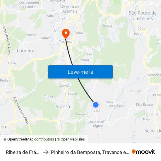 Ribeira de Fráguas to Pinheiro da Bemposta, Travanca e Palmaz map