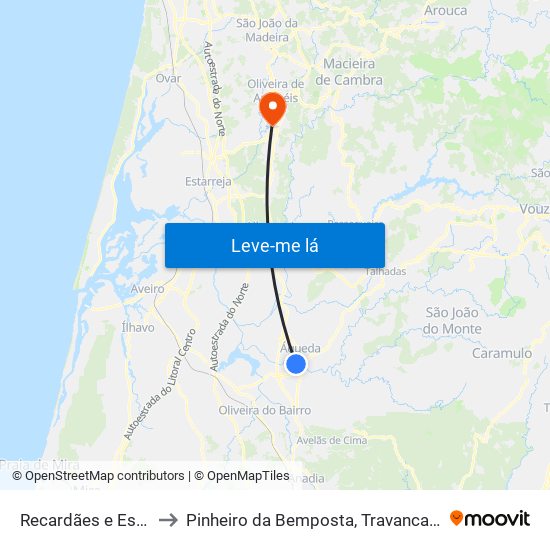 Recardães e Espinhel to Pinheiro da Bemposta, Travanca e Palmaz map