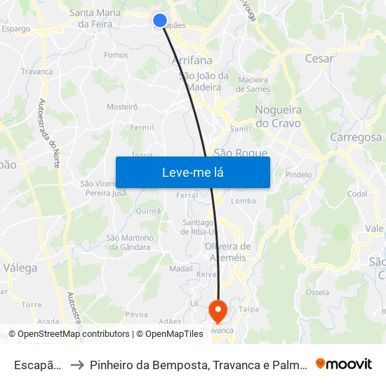 Escapães to Pinheiro da Bemposta, Travanca e Palmaz map