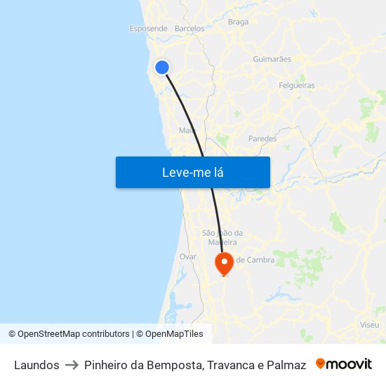 Laundos to Pinheiro da Bemposta, Travanca e Palmaz map