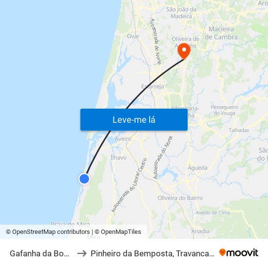 Gafanha da Boa Hora to Pinheiro da Bemposta, Travanca e Palmaz map