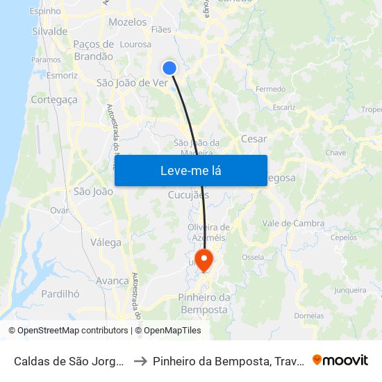 Caldas de São Jorge e Pigeiros to Pinheiro da Bemposta, Travanca e Palmaz map