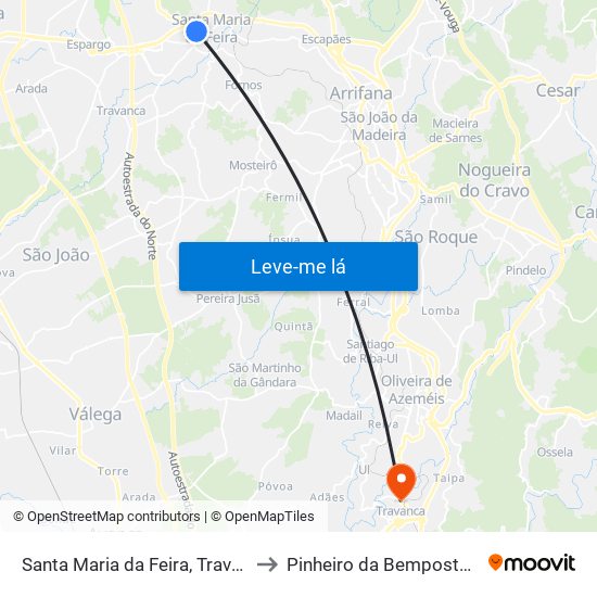 Santa Maria da Feira, Travanca, Sanfins e Espargo to Pinheiro da Bemposta, Travanca e Palmaz map