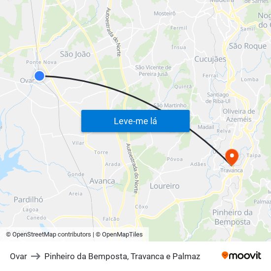 Ovar to Pinheiro da Bemposta, Travanca e Palmaz map